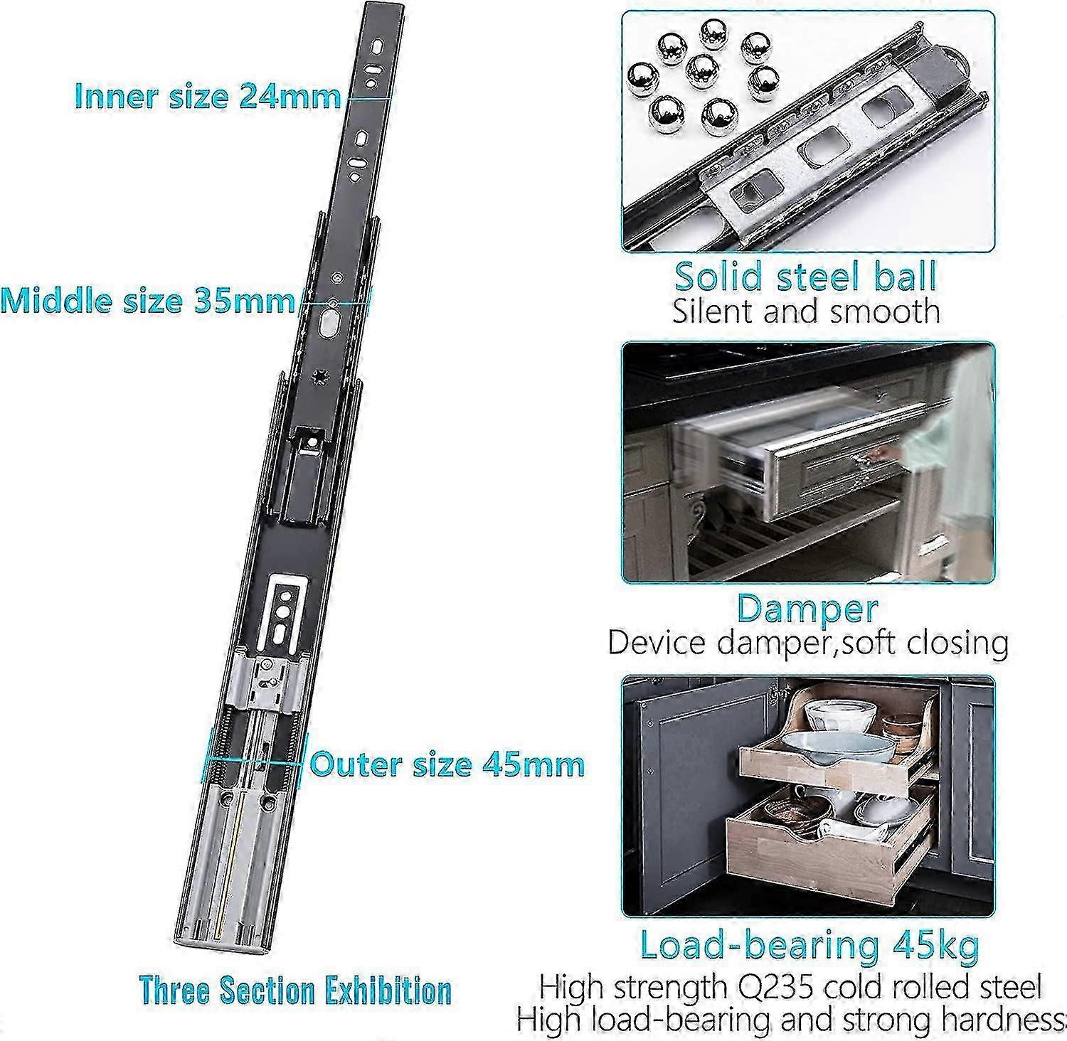 Soft Close Drawer Slides 300mm Full Extension Drawer Slide Heavy Duty 45kg Load Capacity, 1 Pair (2 Pieces) (1 Pair, 22 Inch (550 Mm))