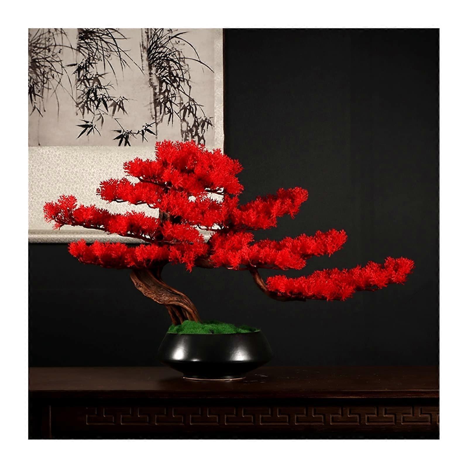 Artificial Bonsai Tree Pine Style Potted Plant For Desk Display Home Office Bookshelf Decor Red