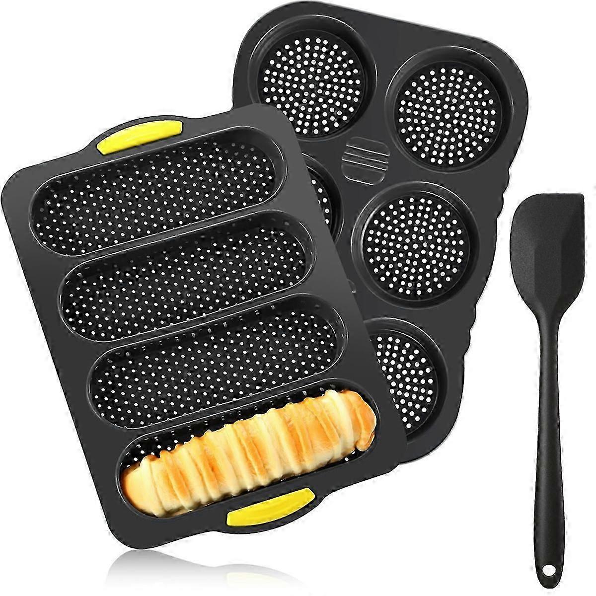 Silicone French Bread Pan and Hamburger Bun Pan Set Nonstick 4 Wave Baking Tray 6Cup Hamburger Bun M