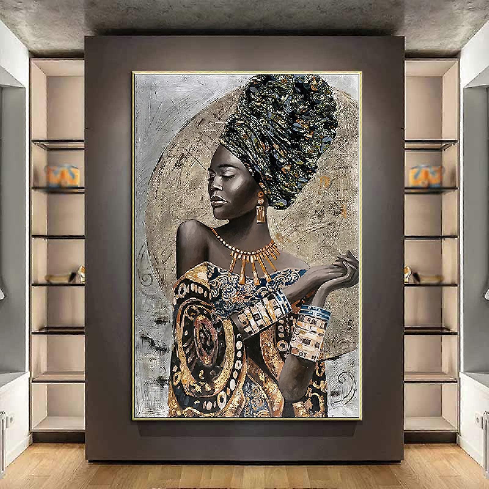Donna nera africana, arte astratta, poster e stampe, pronto da appendere, dipinti su tela di donne in stile nazionale per soggiorno, cornice interna 60 x 90 cm.