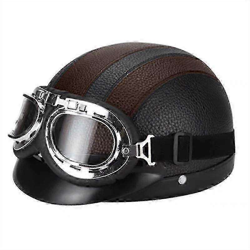 Retro Motorcycle Leather Half Helmet with Goggles for Riding