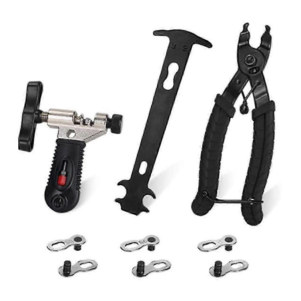 Wear indicator tool for bike chains with chain cutter and repair set