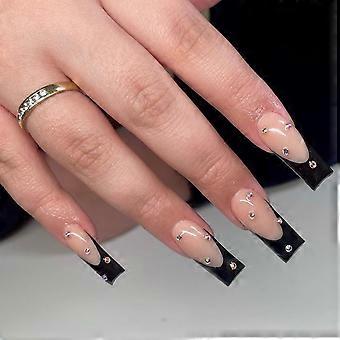 French Tip Press on Nails Black Medium Square Fake Nails with Rhinestone Design