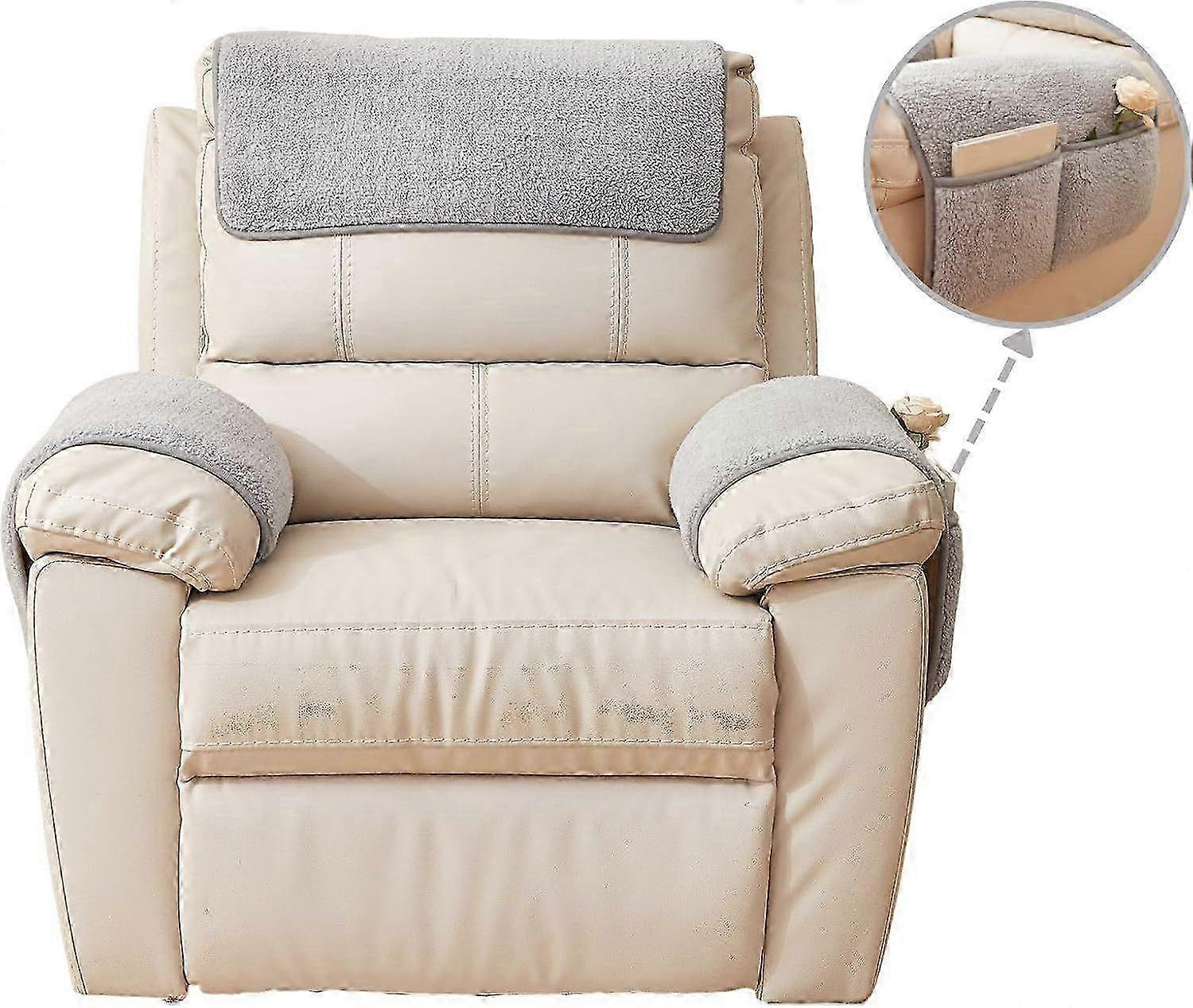 3 Pieces Lambswool Sofa Armrest Covers for Recliners with Storage Bag Non-slip
