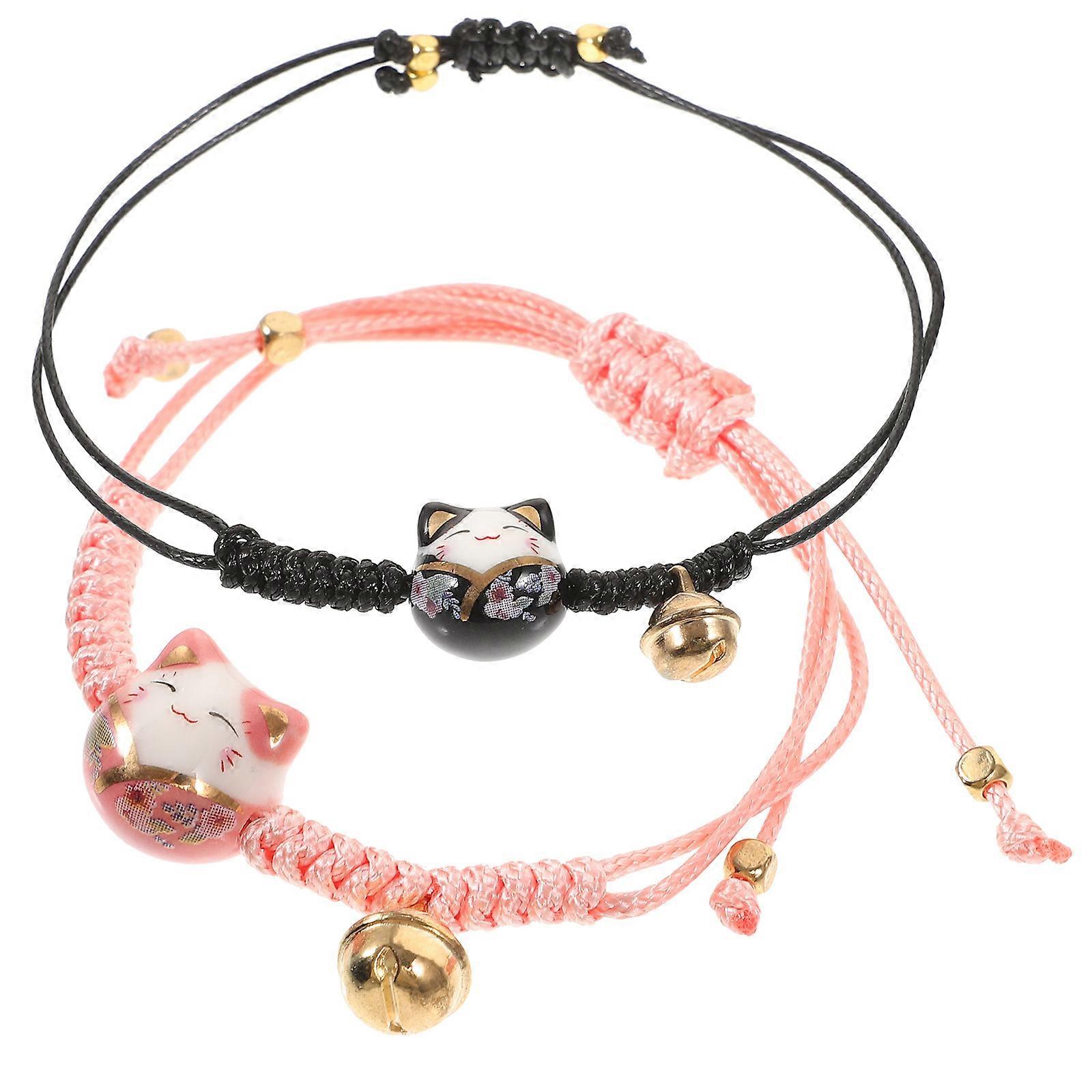Fortune Cat Charm 2Pcs Woven Bracelet Adjustable String Wave Bracelets