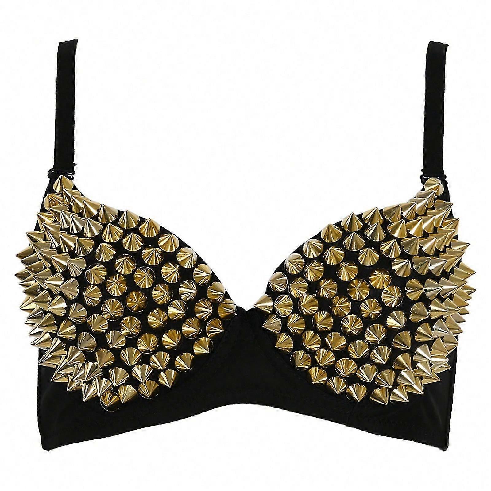 Femmes Steampunk Spiked Studs Rivet Party Club Rave Sport Soutien-gorge Tops Bretelles réglables Lingerie Danse Soutiens-gorge Or XL