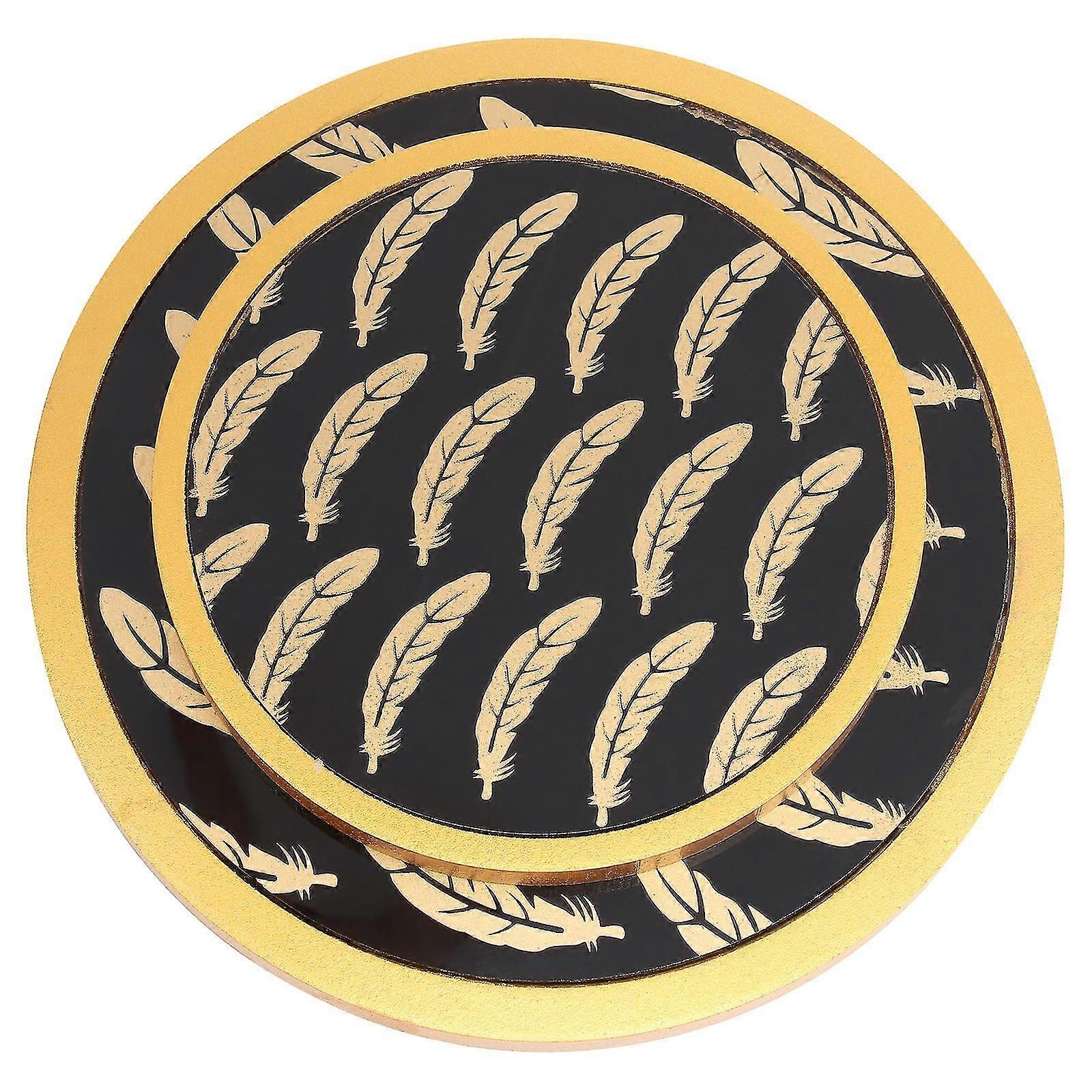 2pcs Feather Pattern Placemats Cup Mat With Handle Practical Cup Pad(black Gold)