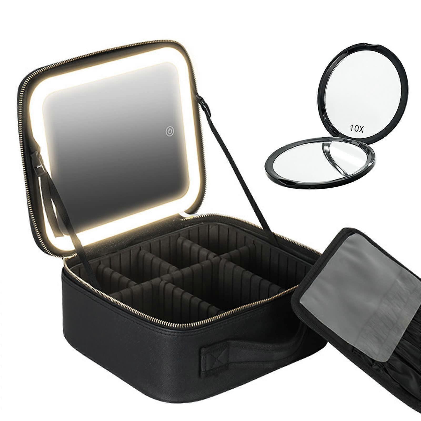 Travel Makeup Bag with LED Mirror Three Color LED Waterproof Organizer With Adjustable Compartment 10X Magnifying Mirror