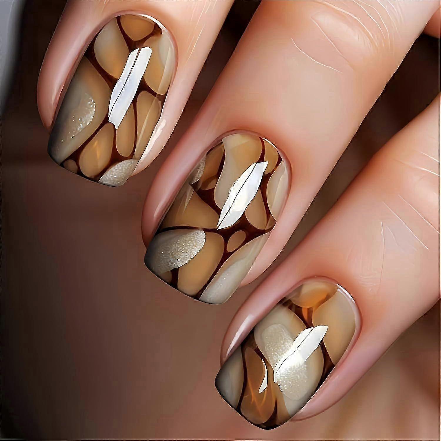 Brown Press on Nails Medium Square Fake Nails with Irregular Stripe Designs Gel