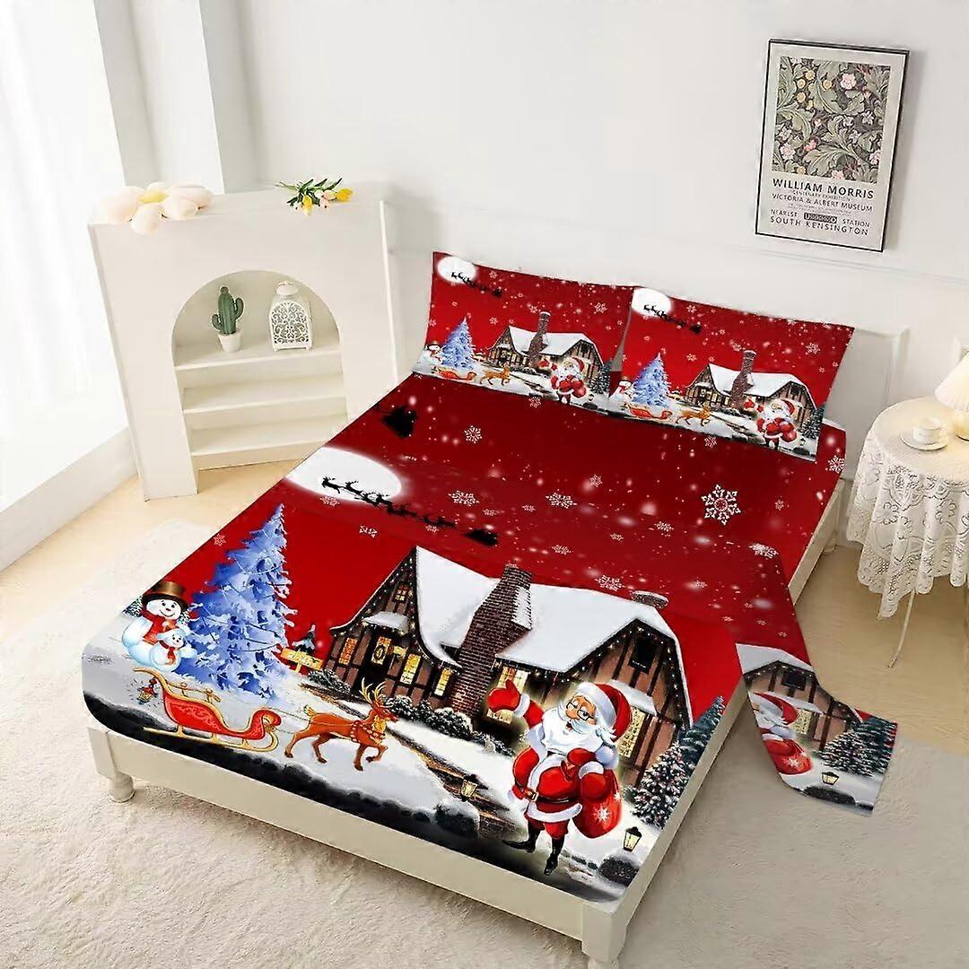 Merry Christmas Fitted Sheet Set Queen Size For Kids Red White Bedding Design Santa Claus Deer Christmas Tree Snowman