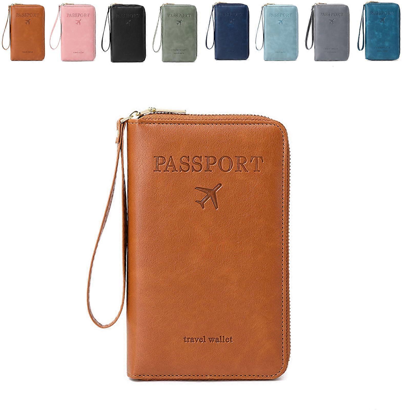 Passport Holder RFID Blocking Solid Color Summer Style Back To School Zipper Travel Card Holder Brown