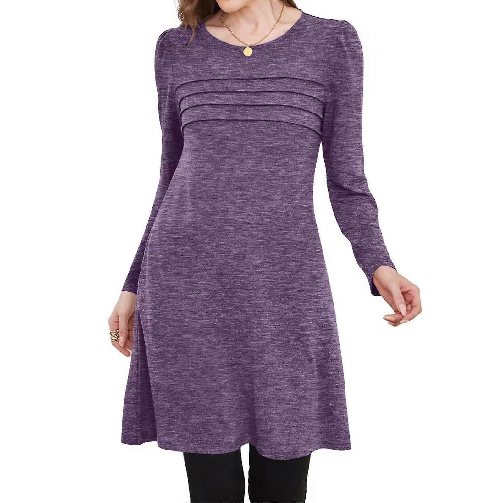 Womens Long Sleeve Tunic Dress Fall Fashion Sweater Dress with Pockets  Pleated Front Casual Winter Purple XL