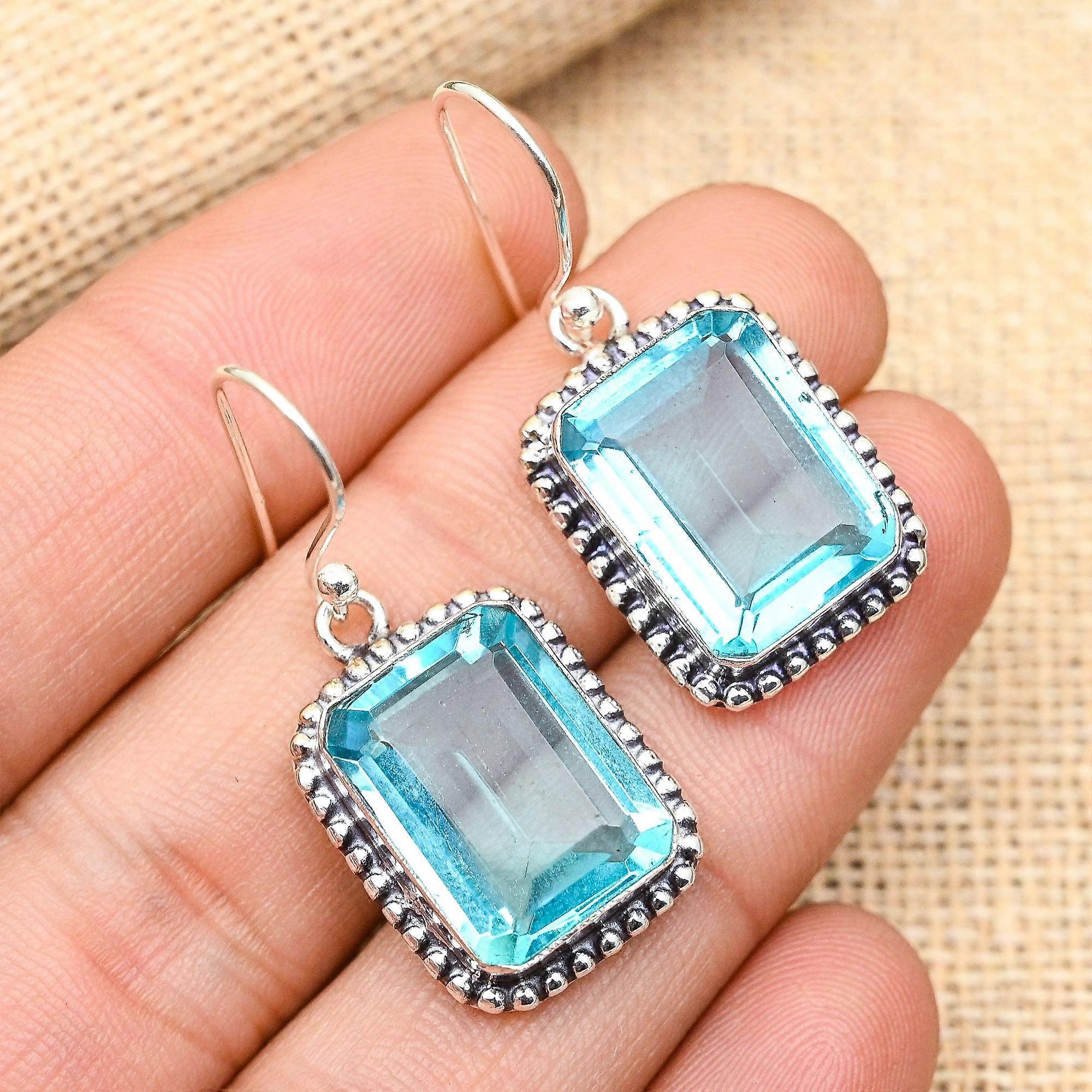 Blue Topaz Gemstone Handmade 925 Solid Sterling Silver Earrings For Wedding Gift