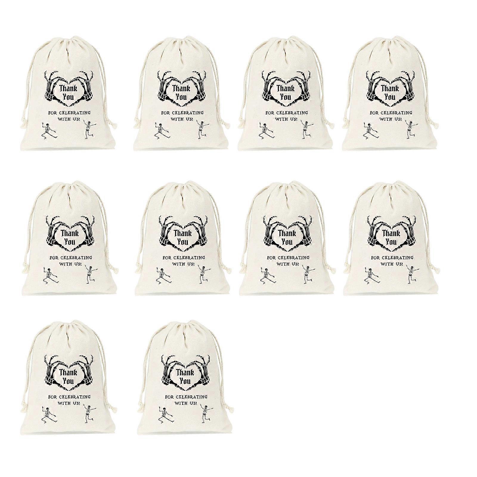 10Pcs Reusable Halloween Party Favor Bags with Skull Print for Candy Storage Friendly Gift Wrapping Solution  White