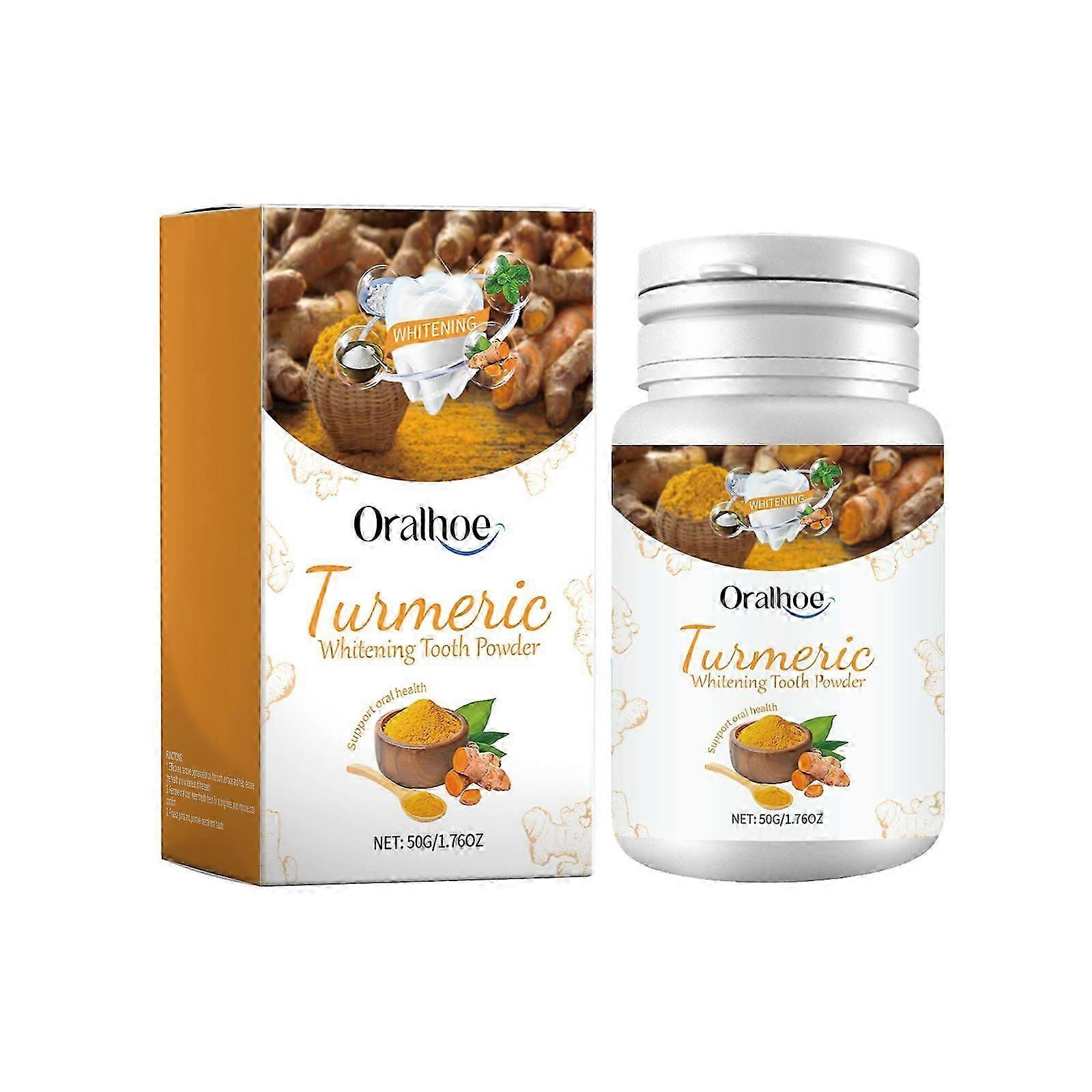 White turmeric tooth cleaning powder contains turmeric extract, peppermint extract, hydroxyapatite