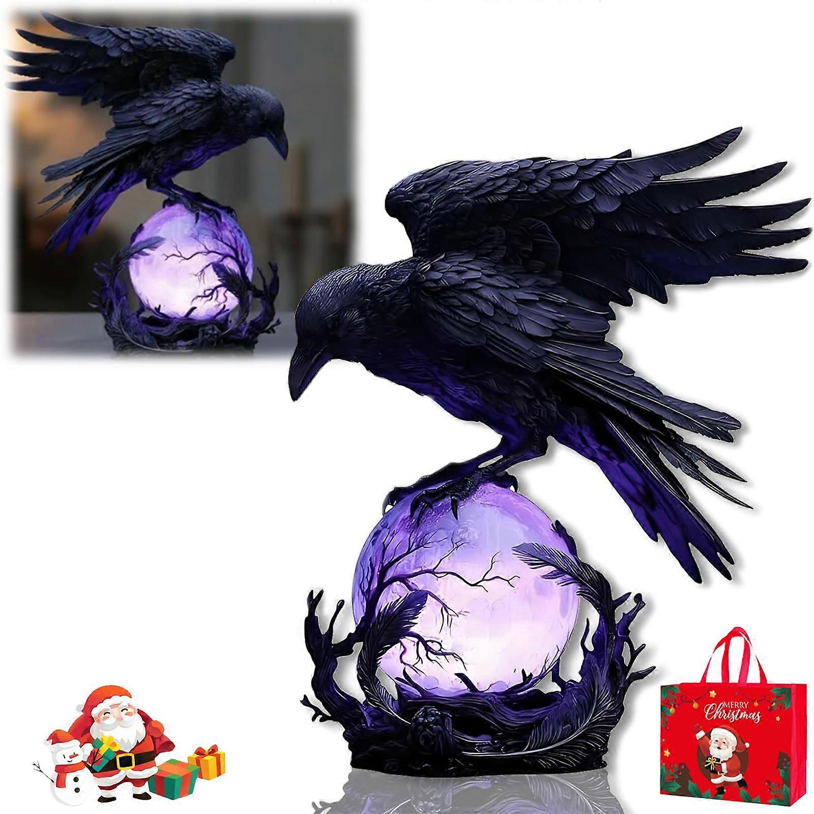 Gothic Table Lamp Raven Moon LED Light with Adjustable Ambient Glow and Crow Sculpture for Home Decor