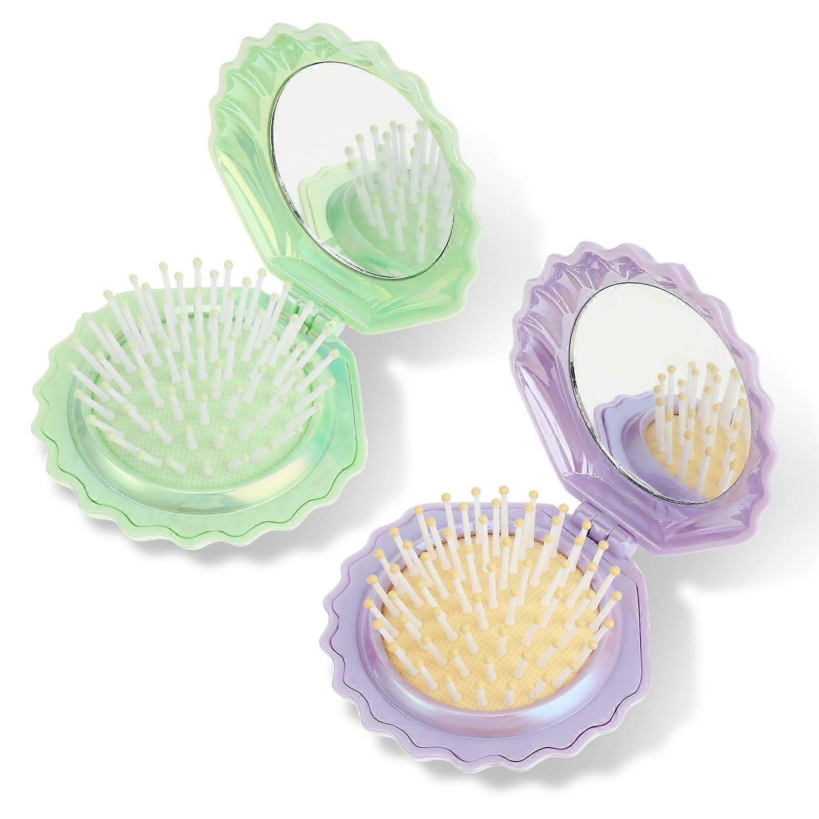 2 PCS Shell Folding Hair Brush with Mirror, Compact Travel Detangling Pocket Comb for Purse