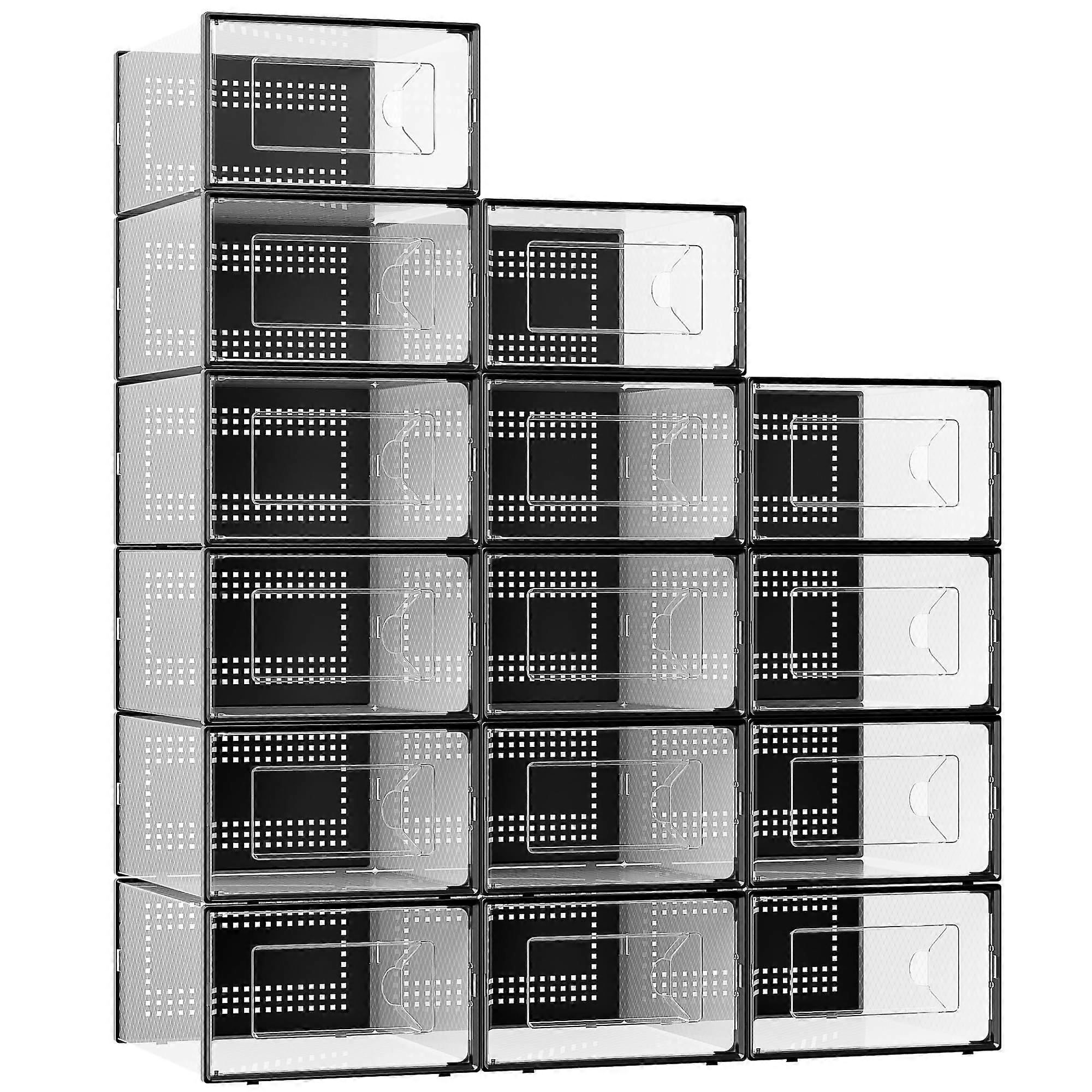 Clear Shoe Storage Boxes 15 Pack Stackable Organizer for Closet with Interlocking Foldable Design
