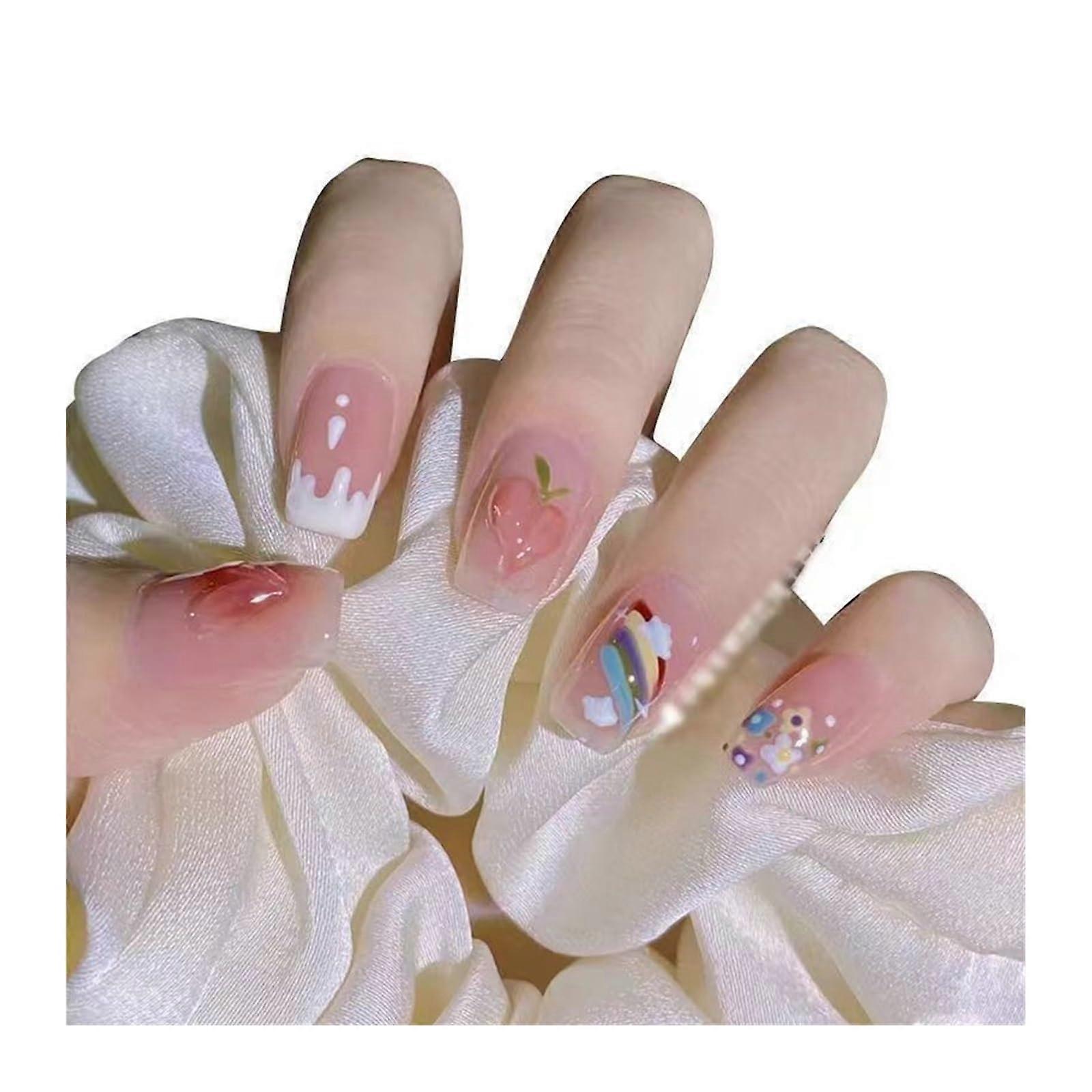 Short Press On Nails Set Rainbow Peach False Nail Tips with Glue Easy Shaping Multiple Sizes