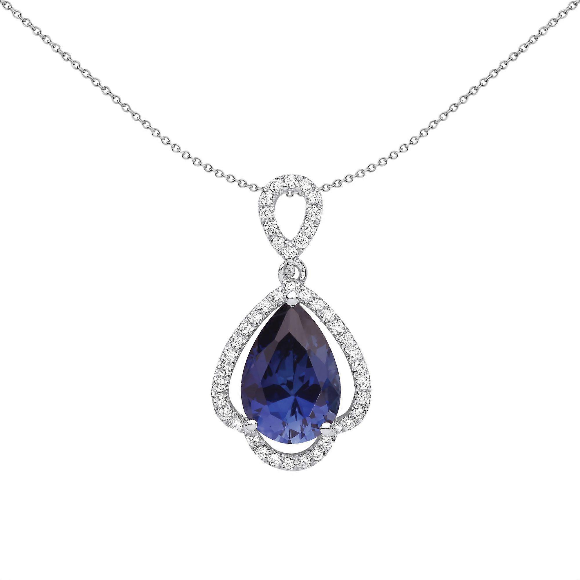 Jewelco London Ladies Rhodium Plated Sterling Silver Blue Pear CZ Toadstool Spade Droplets Pendant Necklace 18 inch