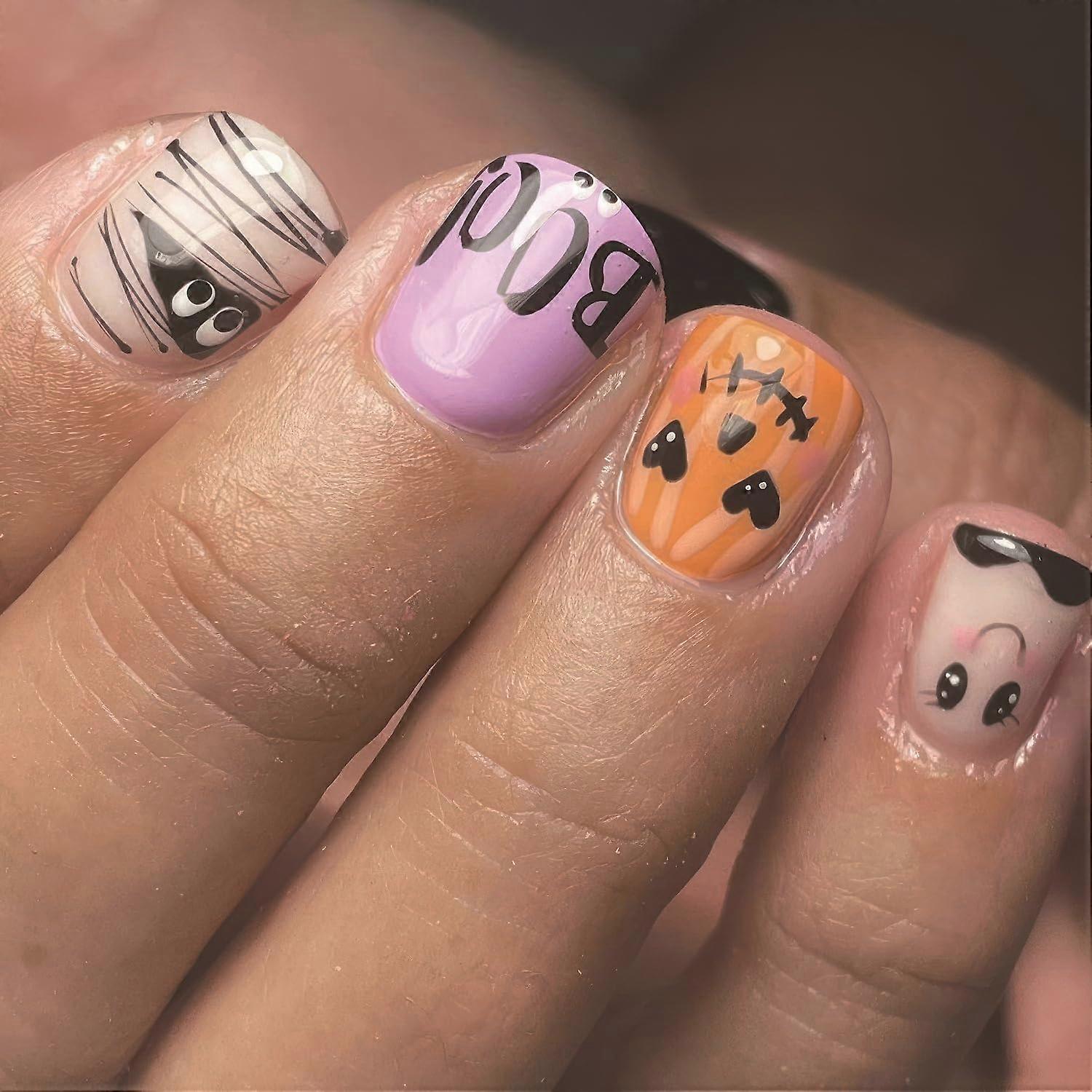 Halloween Press On Nails Short Square Cute Ghost Design Full Cover Glossy False Nails 24Pcs