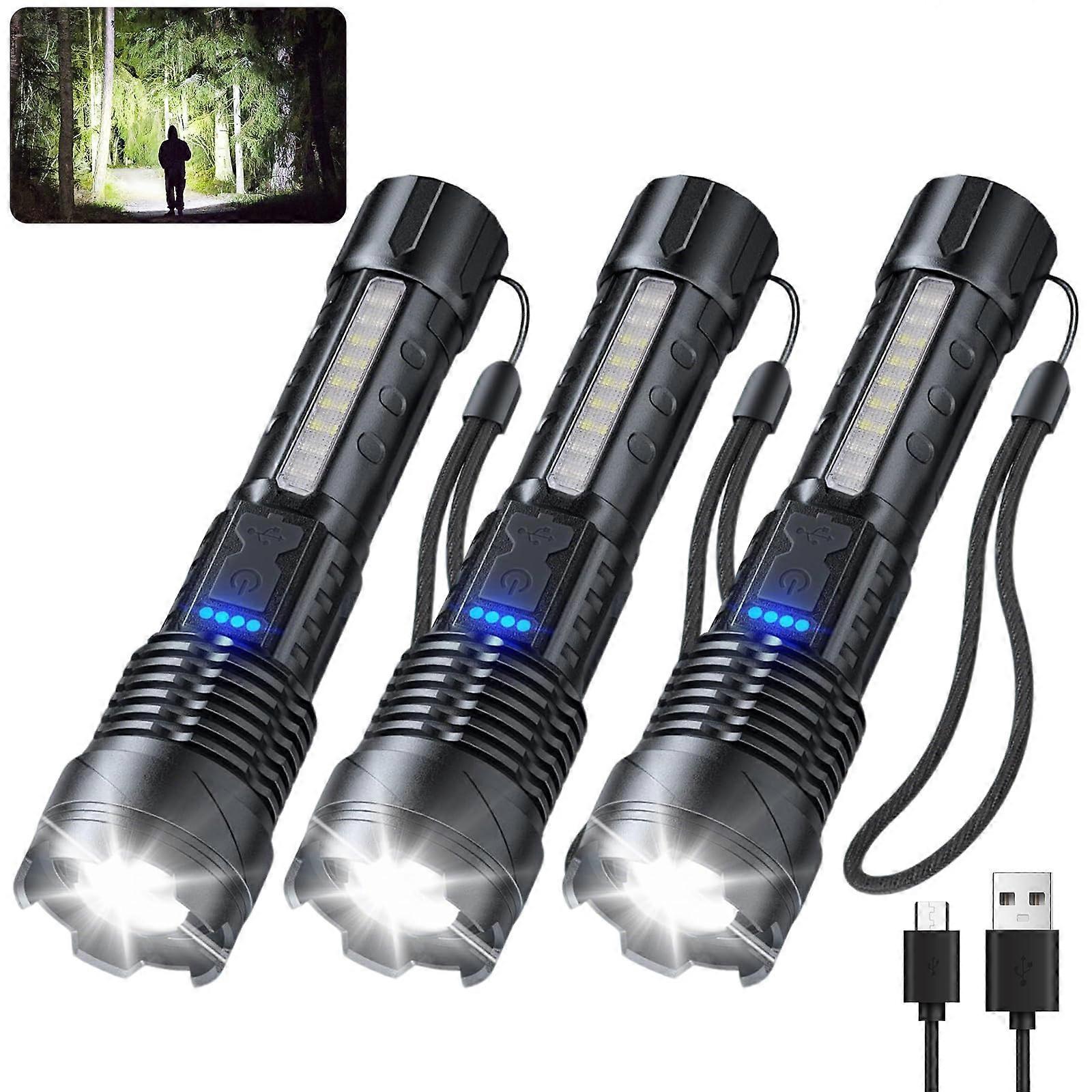 Rechargeable LED Flashlight Pack 3pcs  Lumens IP67 Waterproof 7 Modes Adjustable Beam for Camping