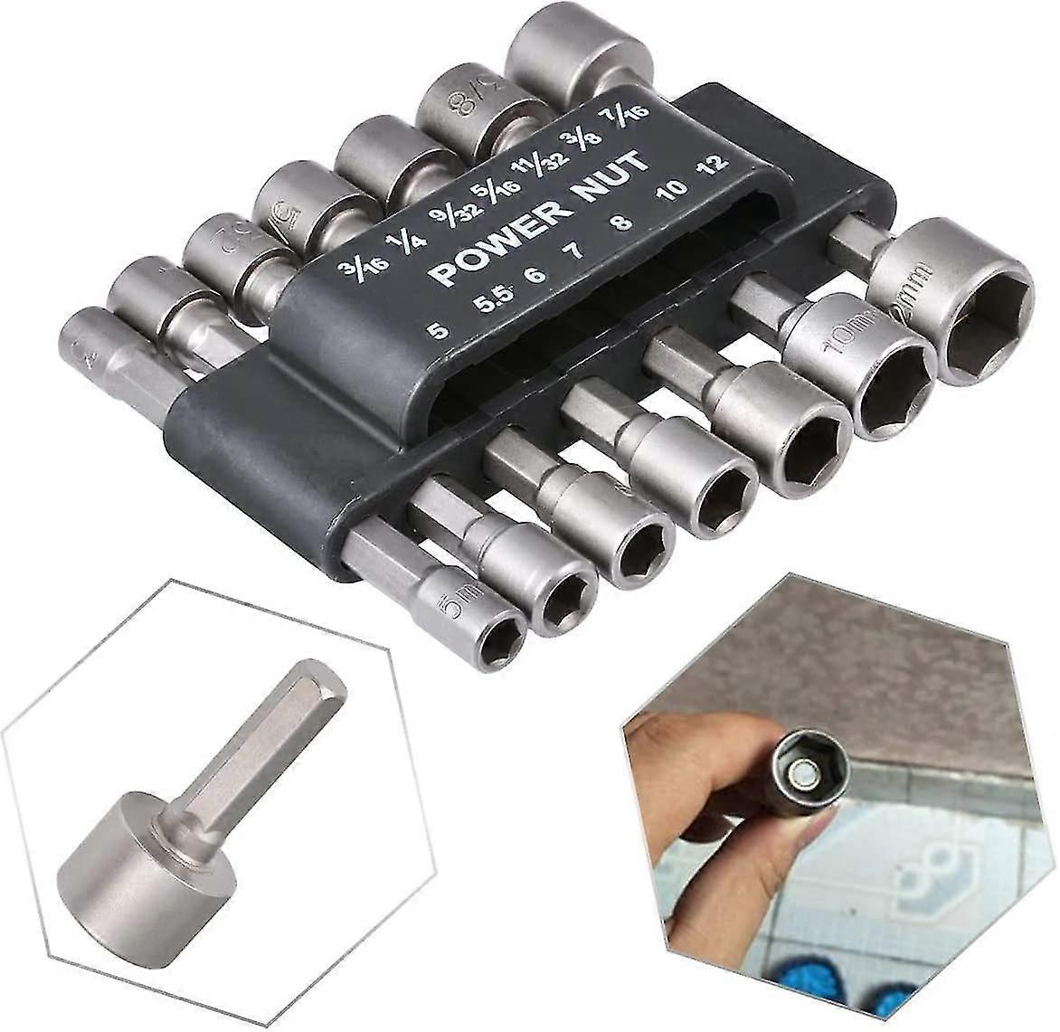 Pxcl 5mm-12mm Hex Powerful Nut Driver Drill Bits Metric Socket Adapter Solid Socket Wrench Sleeves For Screws -14pcs,silver