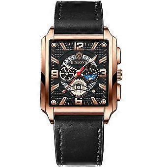 Orologio da uomo vintage quadrato al quarzo luminoso, colore: pelle nera-oro rosa-nero