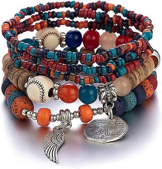Layered Bracelets,Bohemian Stretch Beaded Set,Multilayer Stackable Bracelets,Red