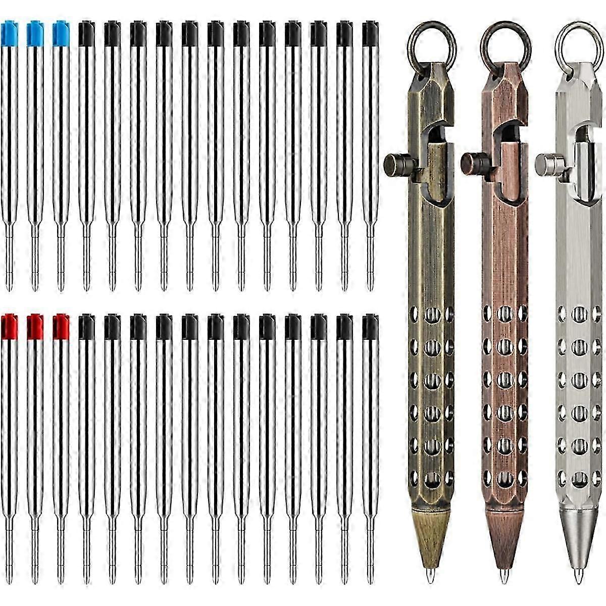 3Pack Bolt Action Pen Set, Hexagonal Solid Brass Pocket Pen with 30 Ballpoint Refills C