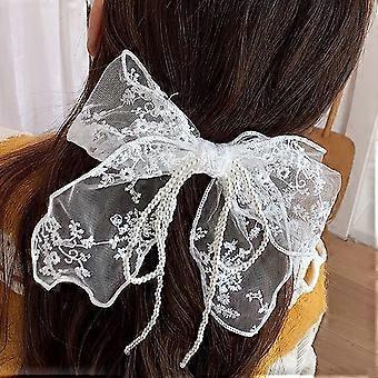 Heytea dentelle noeud blanc pour cheveux femmes filles grand arc pour mariée cheveux accessoires avec barrette clip cravate pour la décoration (barrette à cheveux noeud blanc)