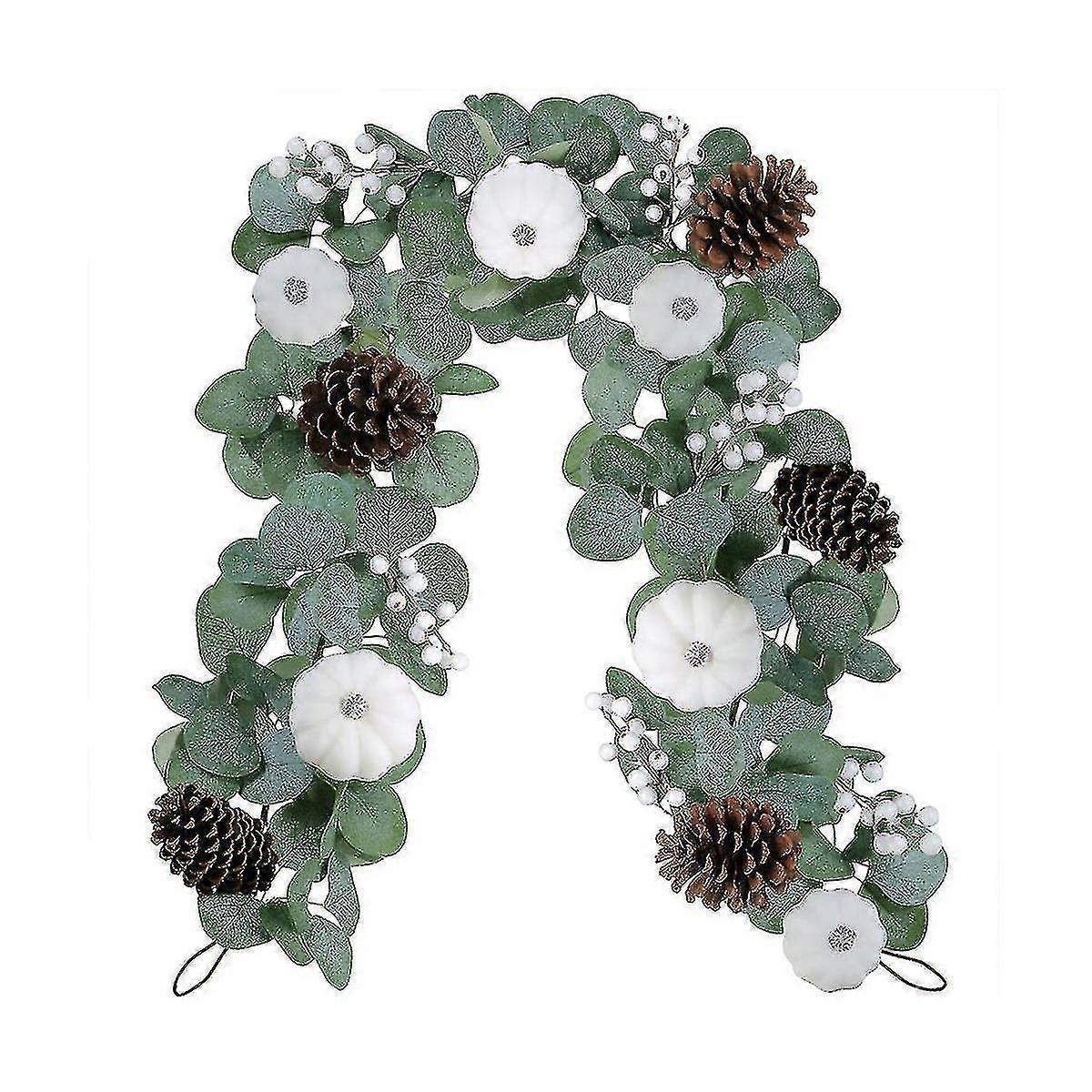 White Pumpkin Garland Artificial Eucalyptus Pinecones Berries Fall Foliage Decor