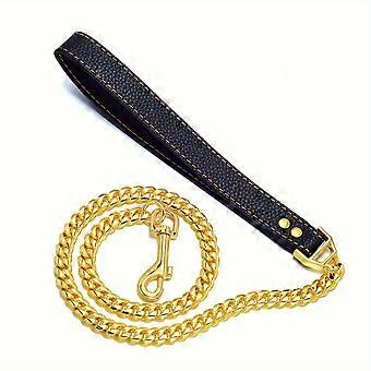 Gold Dog Chain Leash 12mm, Stainless Steel Cuban Link Curb with Leather Handle, 3ft/4.3ft for Walking Training, Small Medium Large Dogs