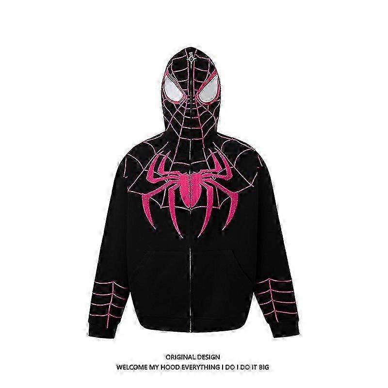 Casaco com capuz e zíper, estilo "Spiderman", modelo oversized e casual.