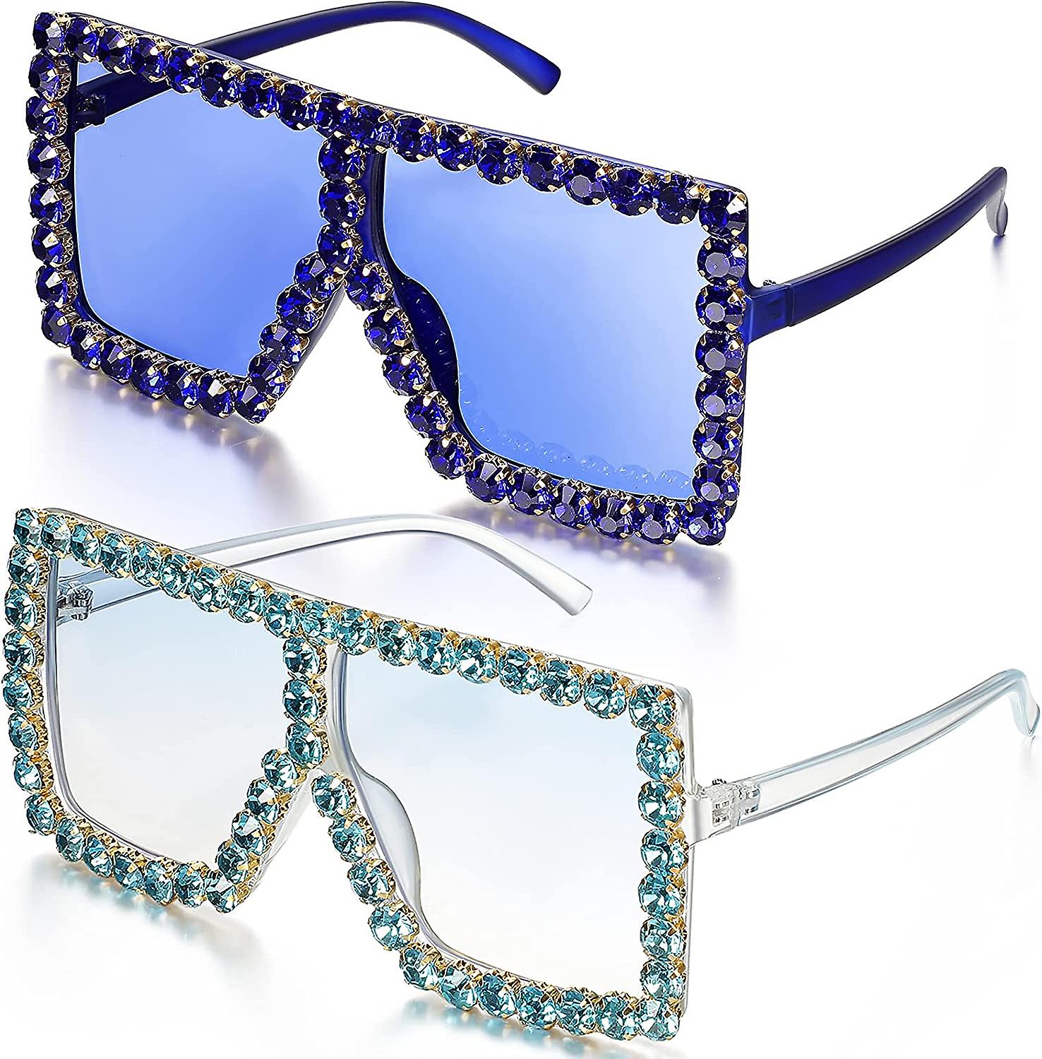 2 pares oversize Square Crystal Sunglasses, Flat Top Oversized Sunglasses, Retro Thick Frame Bling Sunglasses para mulheres homens