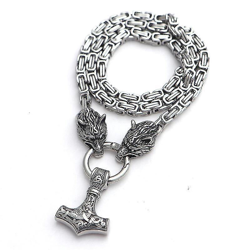 Paslanmaz Çelik Kurt Başı Kolye Erkekler İskandinav 'Çekiç Mjolnir Kolye İskandinav Kral Zinciri Viking Takı