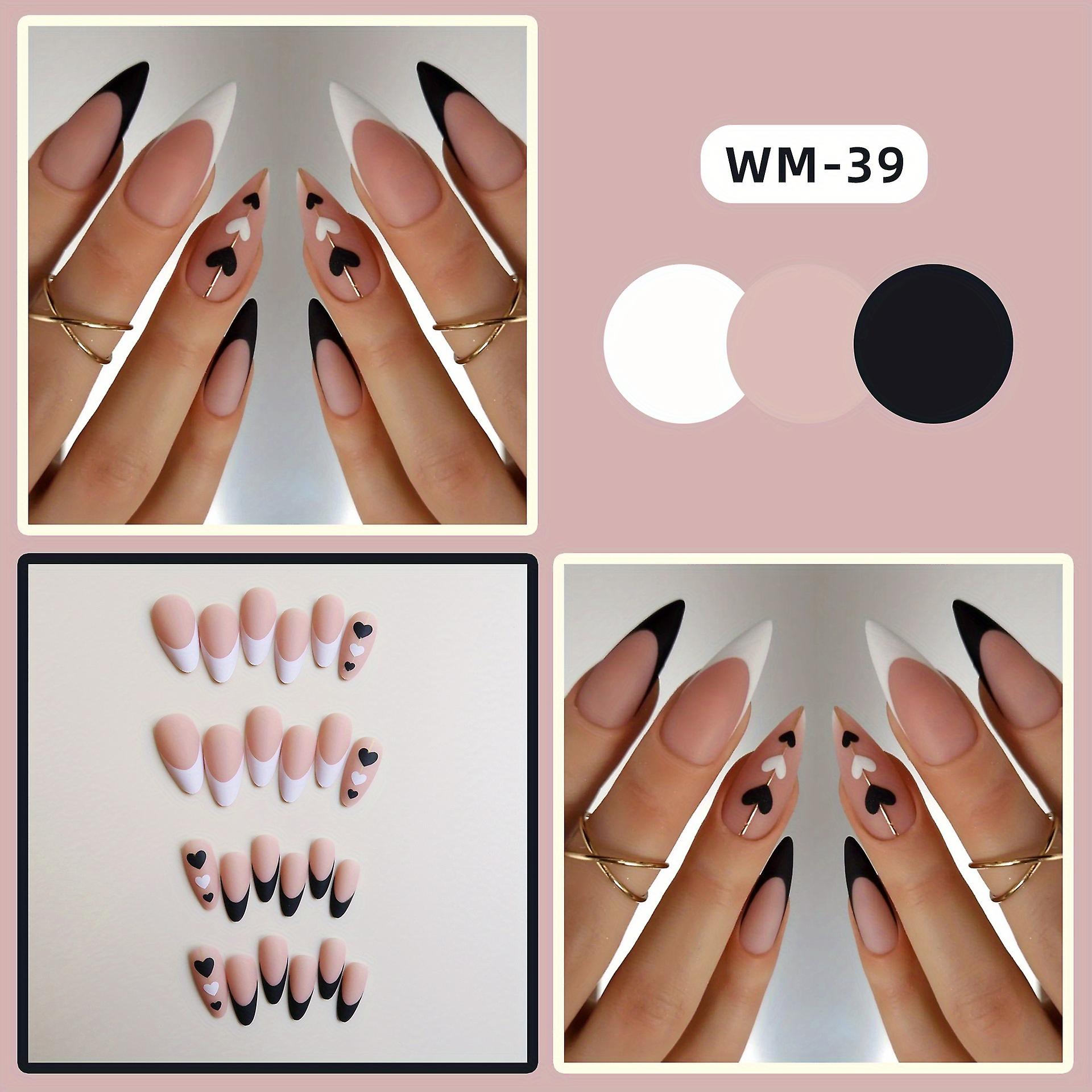 爪を押す 緑の先端とハートのデザインアクリル光沢のある偽の爪 爪の正方形の接着剤 フルカバー 爪のスティック Artifi