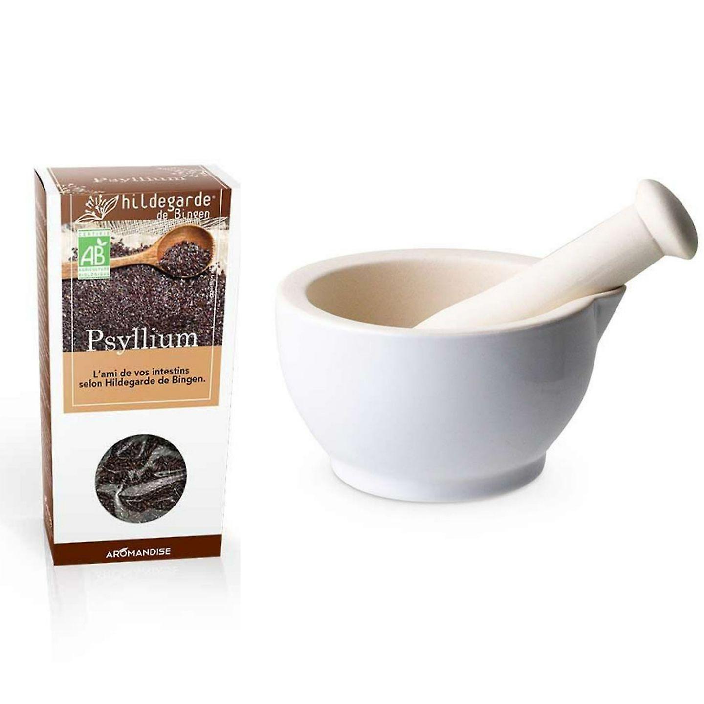 White stoneware Mortar and pestle + Organic Psyllium 100 g