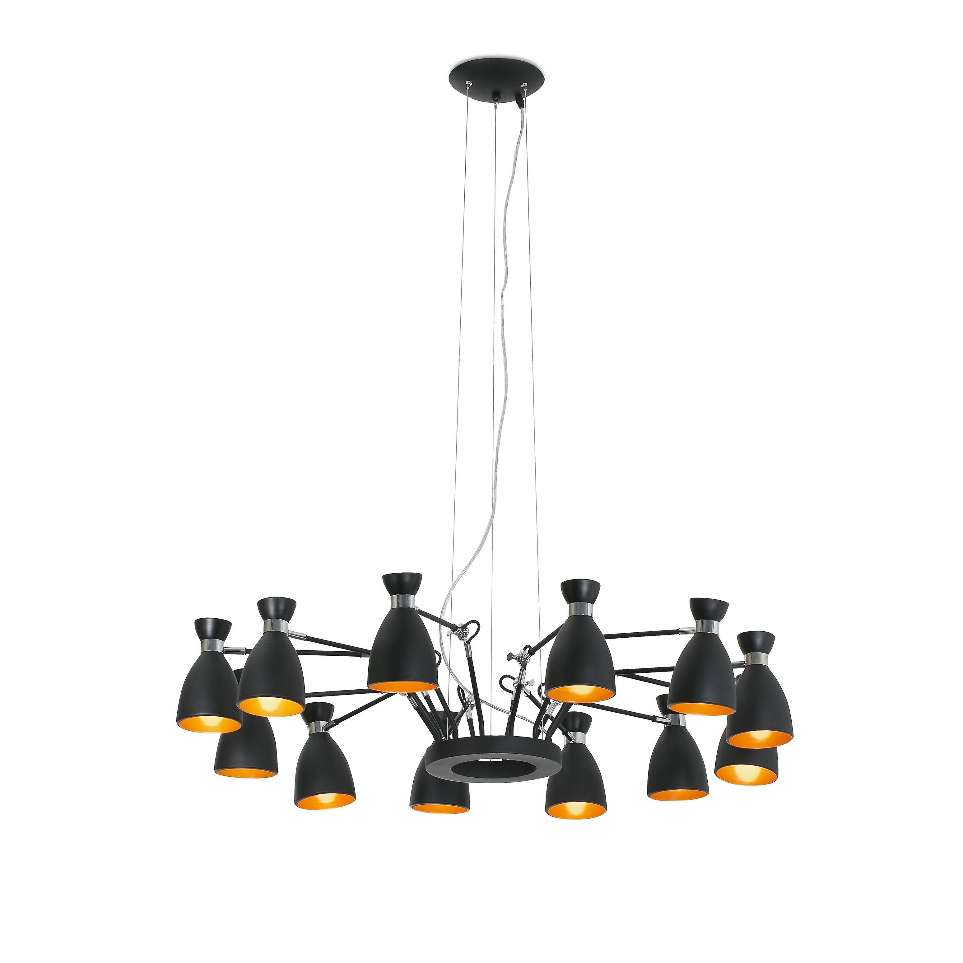 Retro 12 Light Multi Arm Ceiling Pendant Black, Gold, E14