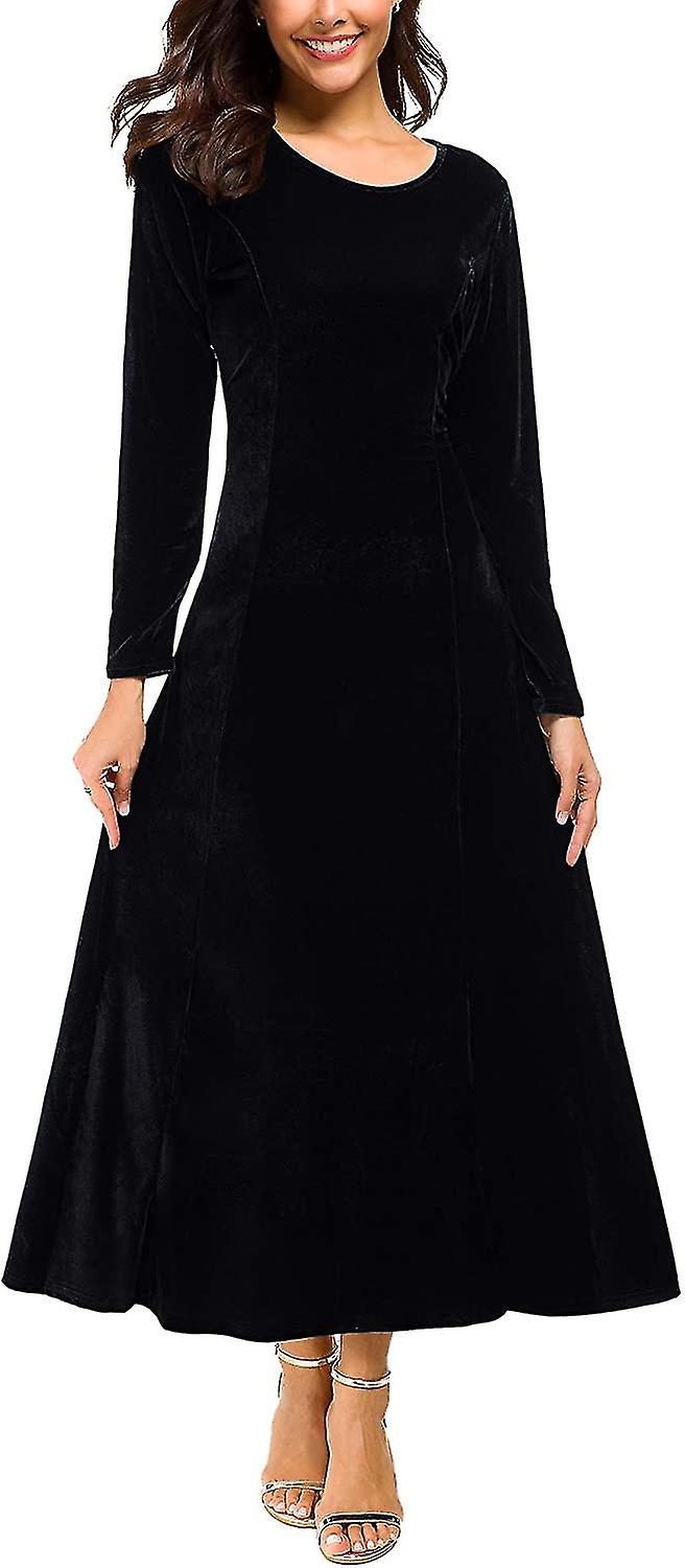 Damen Samtkleid Elegant, Rundhalsausschnitt Langarm Solid Black Kleid