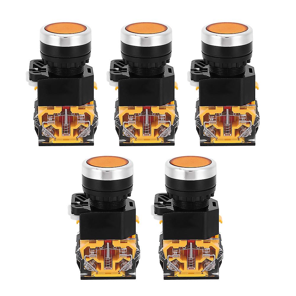 5pcs 22mm Orange Self-Reset Push Button Switch - 37V-440V, No Light, High Durability