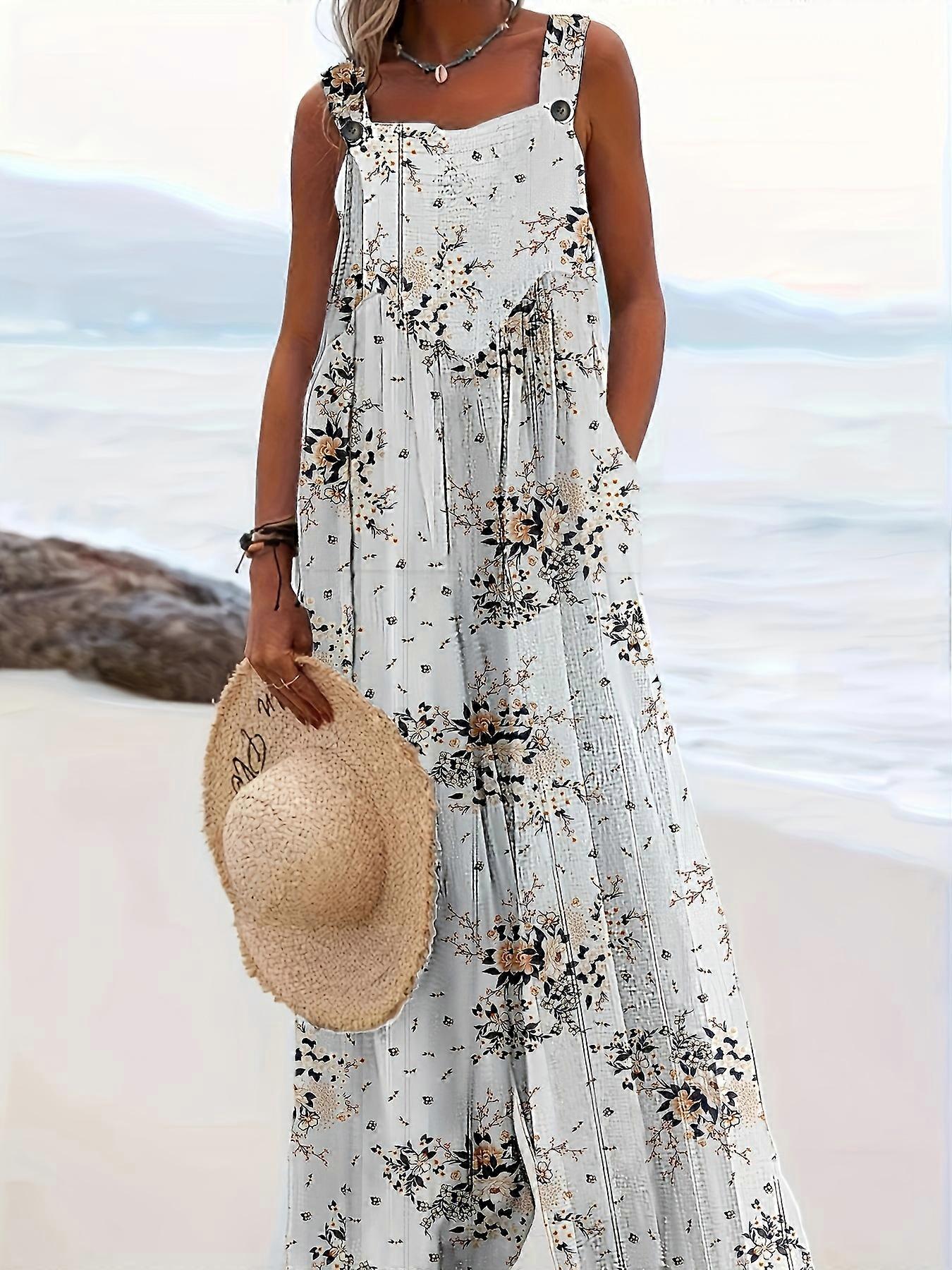 Plus Size Floral Print Overall Jumpsuit, Casual Wide Leg Overall Jumpsuit For Spring & Summer, Women's Plus Size Clothing