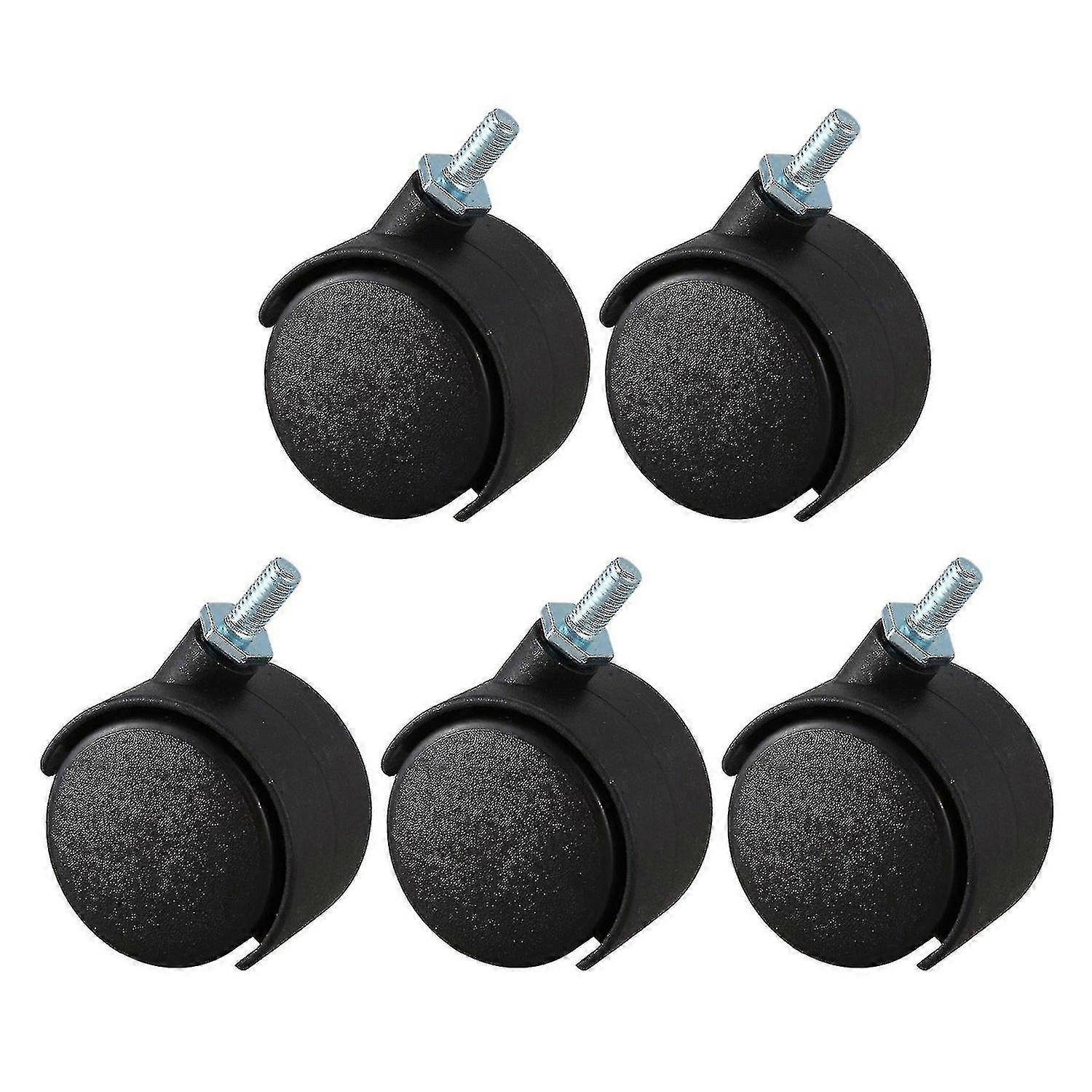 5pcs 6mm Threaded Stem 40mm Dual Wheel Rotatable Caster Black
