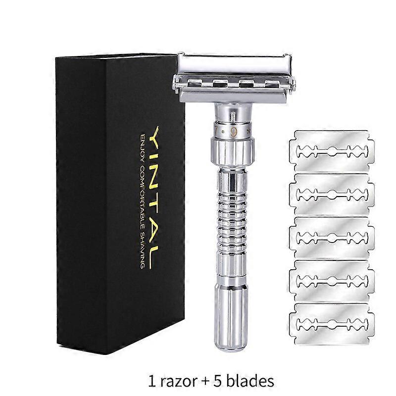 شفرات حلاقة حلاقة آمنة مزدوجة الحواف قابلة للتعديل جديدة شفرات حلاقة حلاقة من سبائك الزنك كروم مع 5 شفرات حلاقة 1 ماكينة حلاقة 5 شفرات