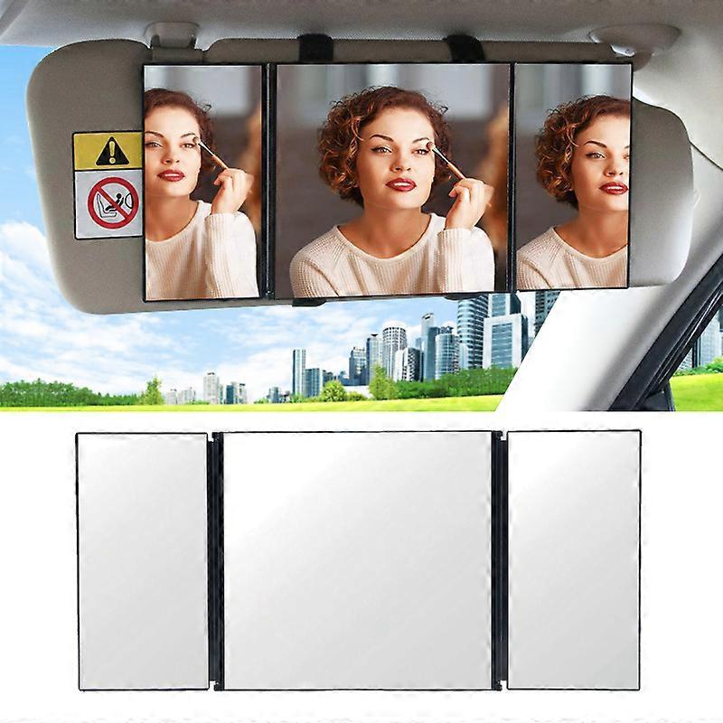 Foldable car makeup mirror with 3 sections, automatic sun visor, adjustable visor
