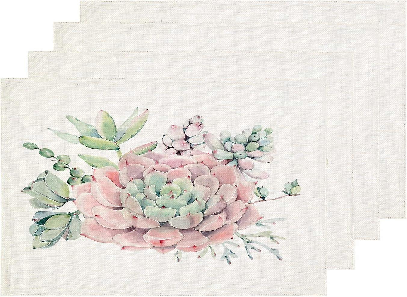 Sets de table Lotus de la nature blanche, tapis de table rose, toile de jute en lin, isolation thermique lavable à deux étages pour table à manger, ensemble de 4 (12 x 18 pouces)