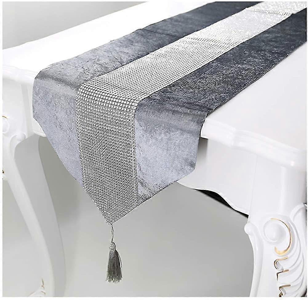 New- 32x180cm Table Runner With Rhinestones And Sequins Gray