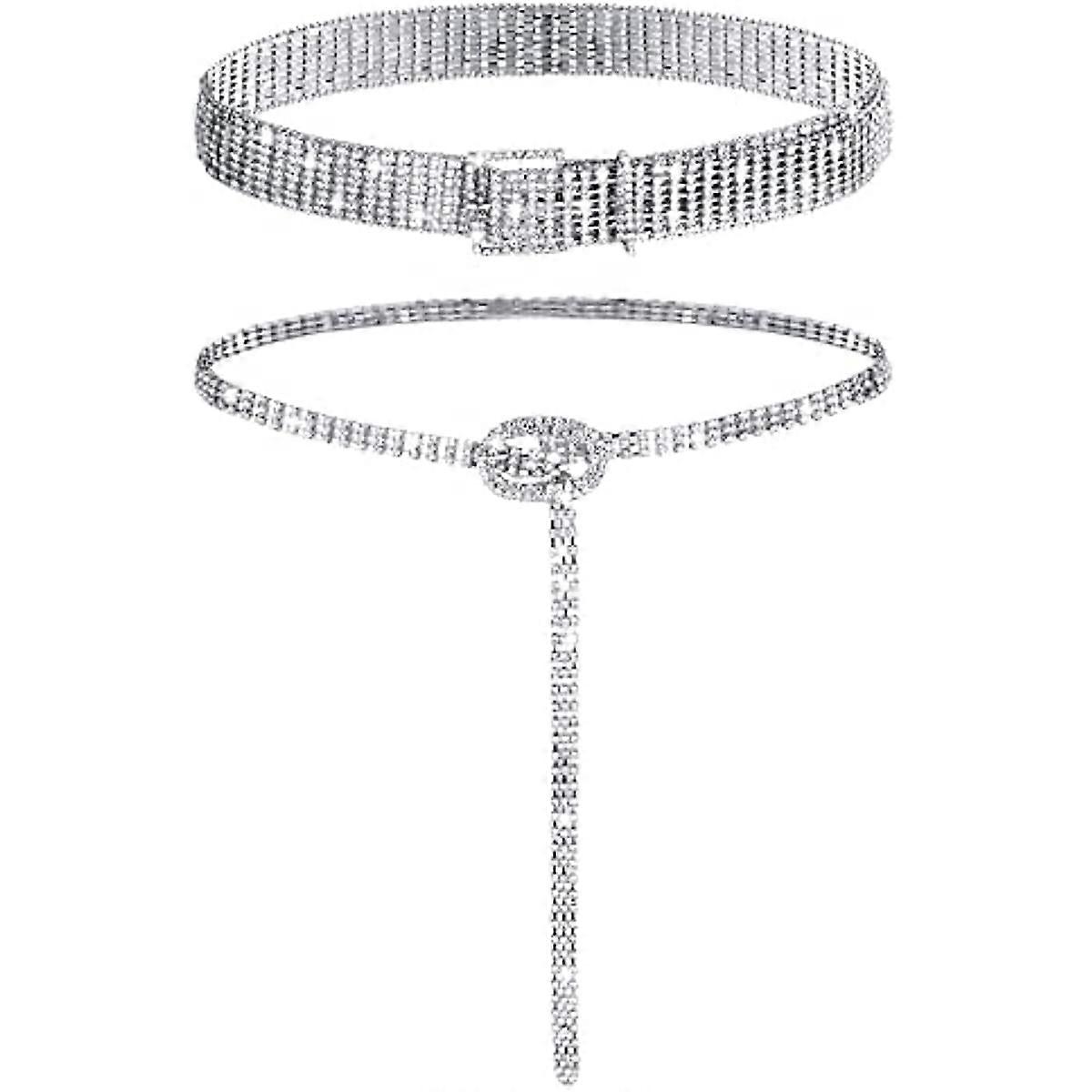 2 Pieces Women Rhinestone Belt for Dress Crystal Diamond Waist Belt Shiny Rhinestone Wide Waist Belt Ladies Belt (Silver,Medium, Fit Waist Size 27-34