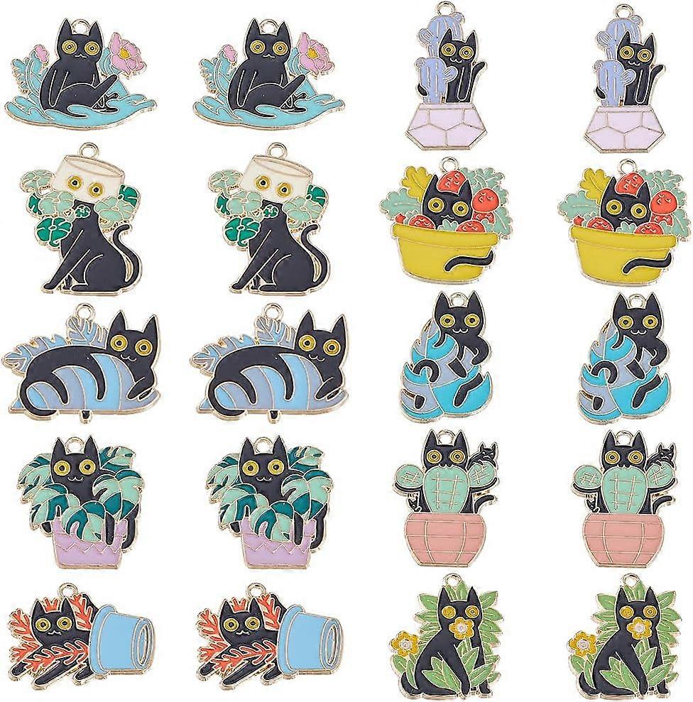1 Box 20Pcs 10 Styles Black Cat Charms Bulk Gold Cat Charm Alloy Enamel Plant Flower Mini Cute Kitty Animal Halloween Charm DIY