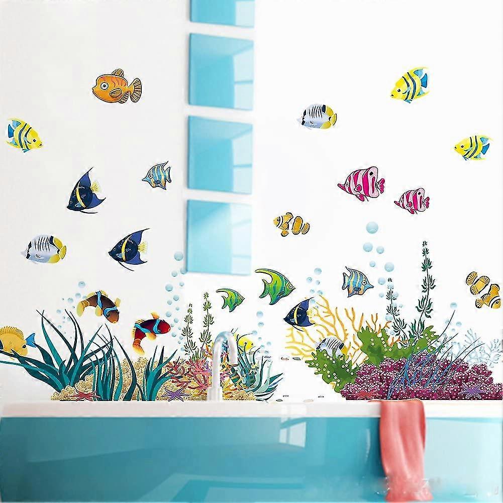 Bunte I Wandbilder: 130x42 cm I Wand Tattoo Badezimmer Fliesen Aufkleber Fisch Korallen Meer See I Wanddekoration für Kinder Kinderzimmer Ba